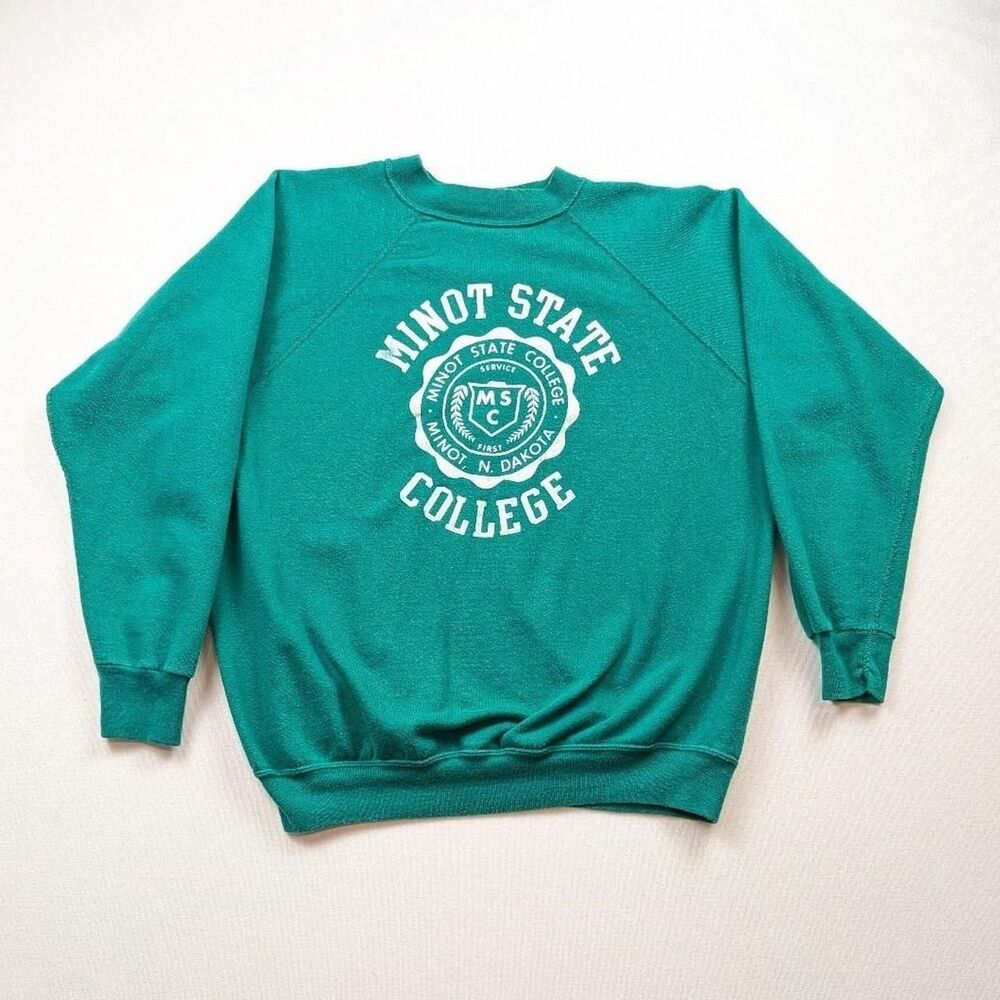 Vintage 70s Minot State Flock Print Seal Crewneck Green Size Large College Uni